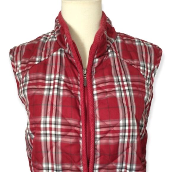 Buffalo Plaid Puffy Vest Quilted Red Pockets Cinched Medium Outdoors Academia - Picture 3 of 16